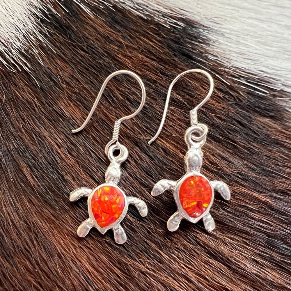 ❤️ Orange Opal Turtle TAXCO 950 Sterling Silver Earrings 1.11”L x .56”W